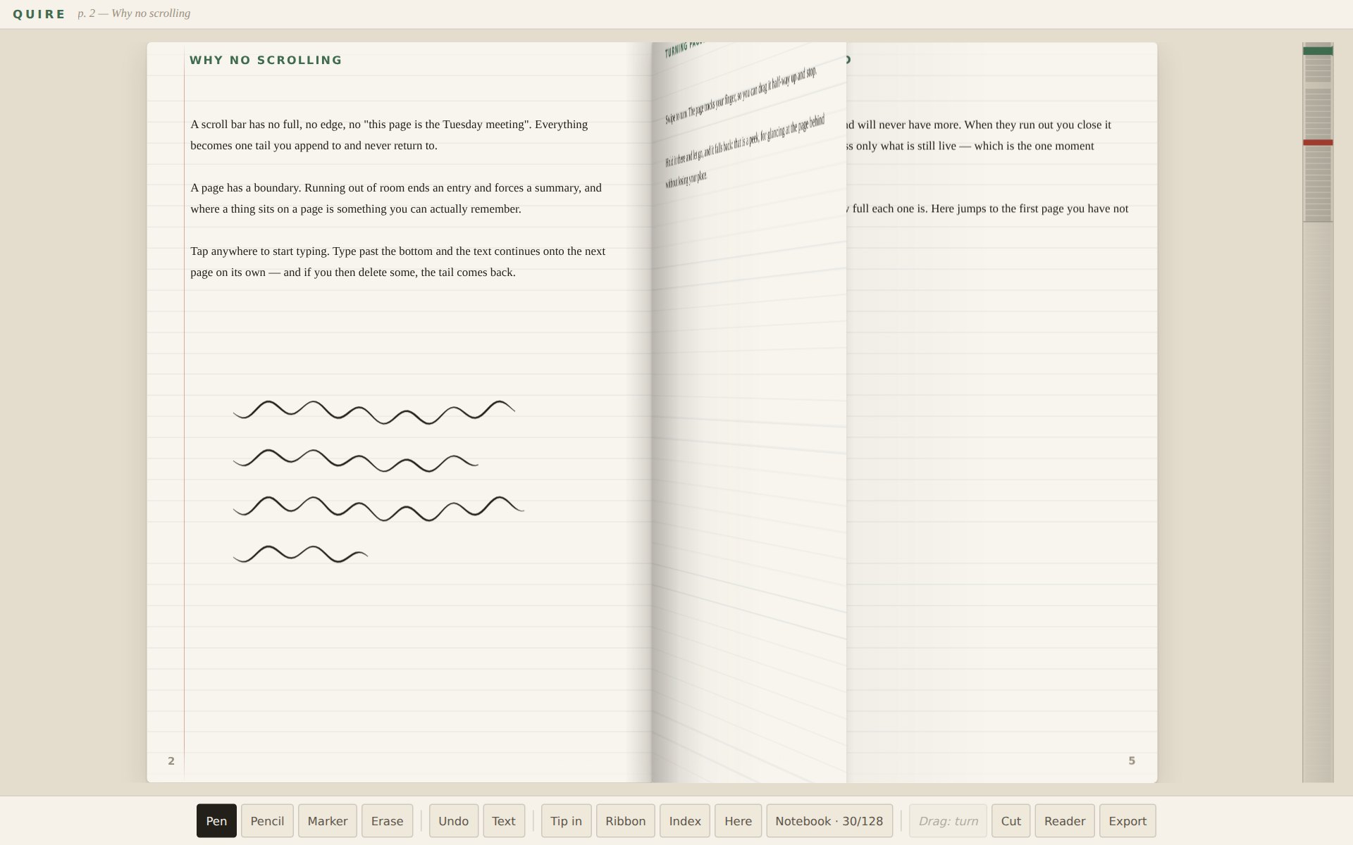 Quire &mdash; an open notebook spread with handwriting on the left page and a leaf caught half-way through being turned